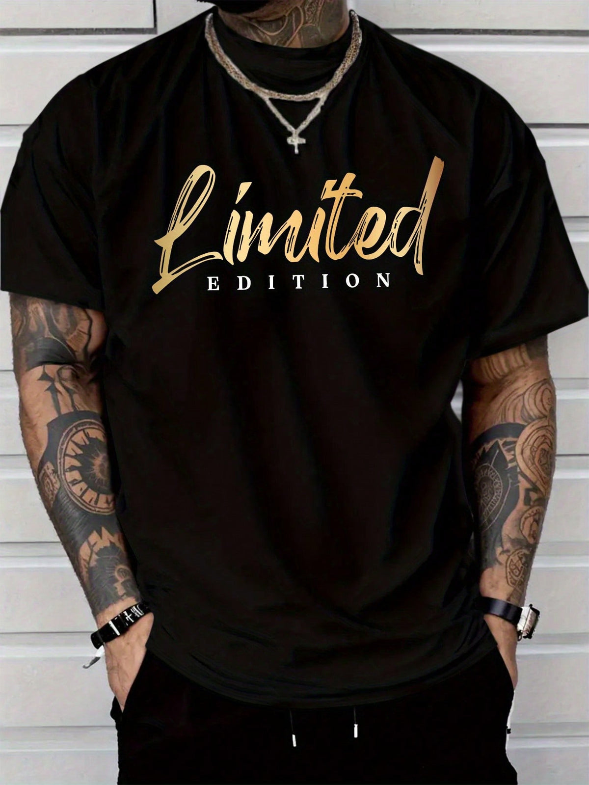 Men Limited Edition Golden Letter Print T-Shirt Regular Fit Round Neck Short Sleeve Summer Tee With Limited Edition Text