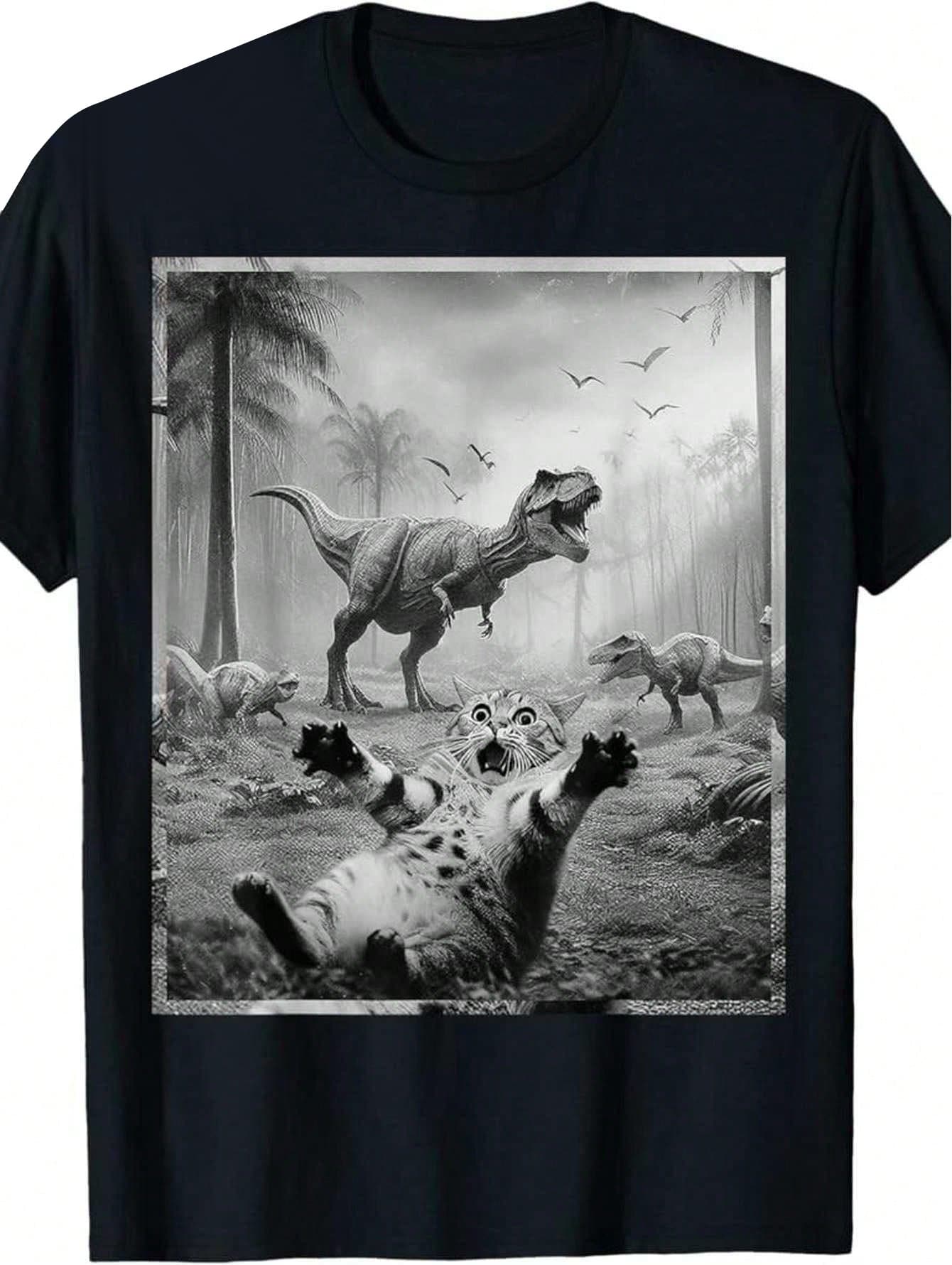 Men's Funny Cat & T-Rex Dinosaur Graphic Tee - Short Sleeve,Black Retro Style Casual Shirt For All Seasons, Everyday Clothing