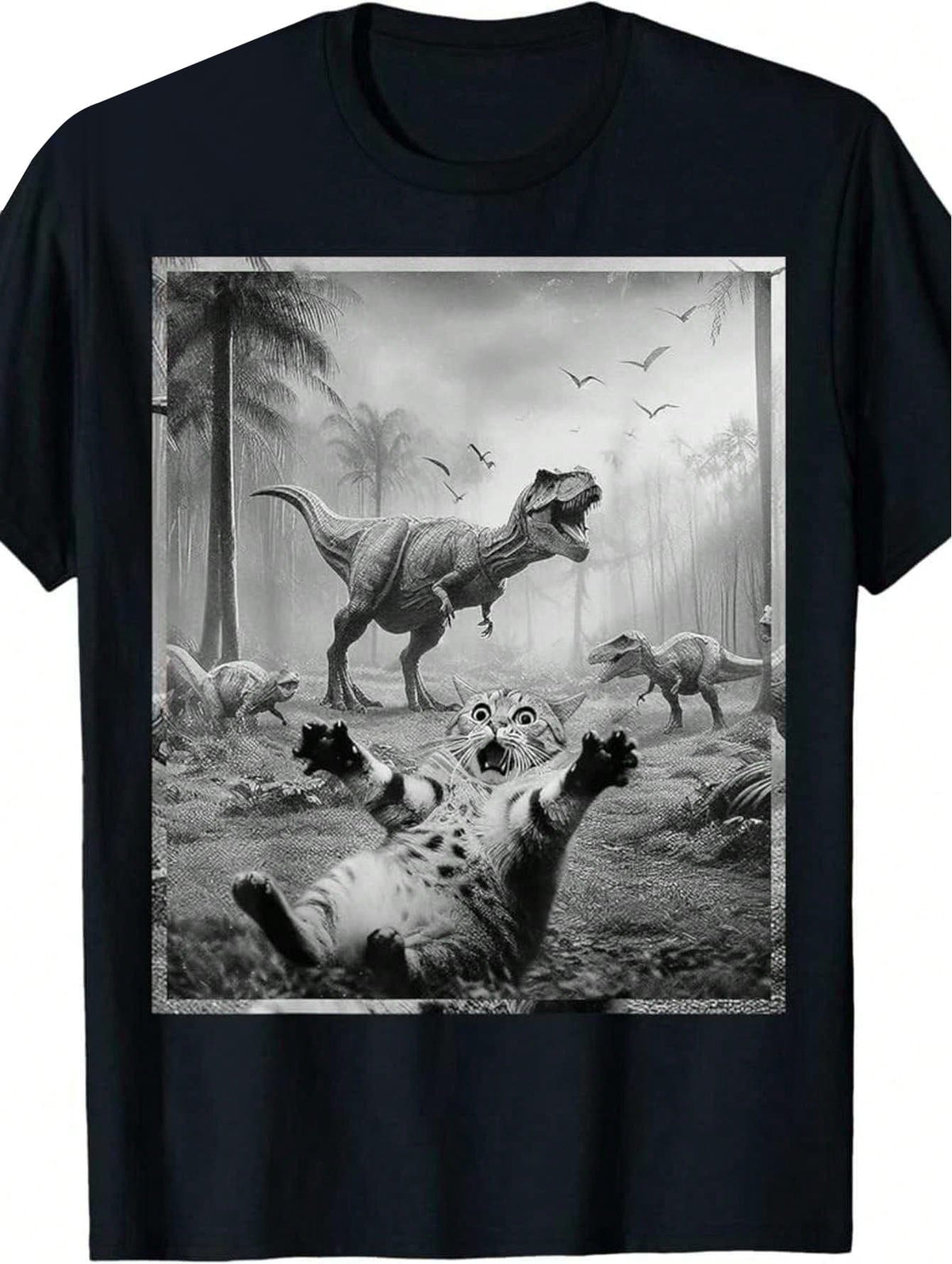 Men's Funny Cat & T-Rex Dinosaur Graphic Tee - Short Sleeve,Black Retro Style Casual Shirt For All Seasons, Everyday Clothing