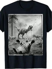 Men's Funny Cat & T-Rex Dinosaur Graphic Tee - Short Sleeve,Black Retro Style Casual Shirt For All Seasons, Everyday Clothing