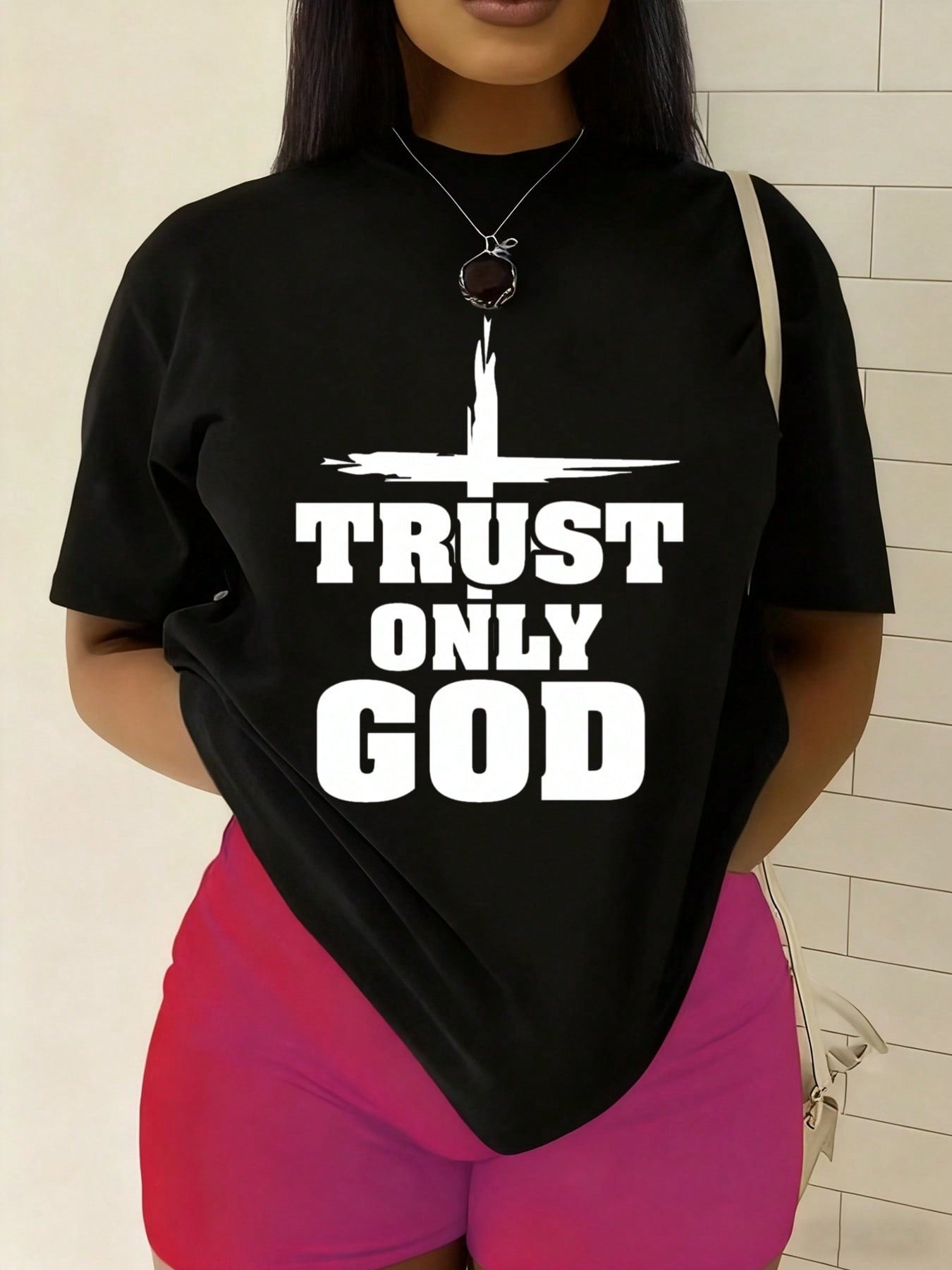 Women'S Trust Only God Christian Faith T-Shirt - Black With Lettering & Cross Design, Casual Round Neck Short Sleeve, Funny Religious Statement Tee