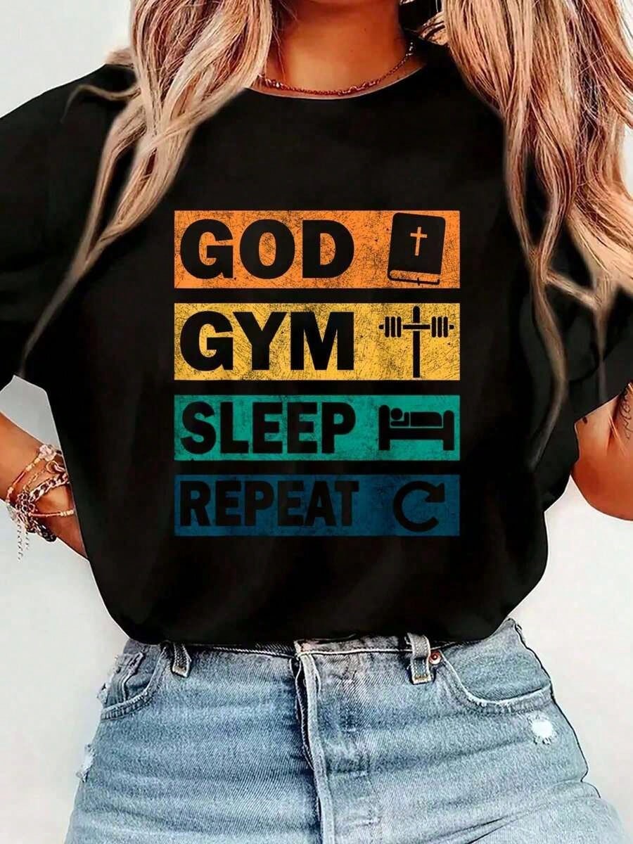 Women's Christian Gym Graphic T-Shirt, God Gym Sleep Repeat Faith Print, Vintage Workout Crew Neck Short Sleeve Tee, Inspirational Fitness Casual Shirt