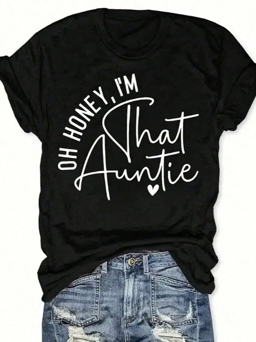 Women's Funny Aunt Graphic T-Shirt, Cute Family Quote Print Crew Neck Short Sleeve Casual Cotton Tee, Gift for Aunt, Mother's Day Family Shirt