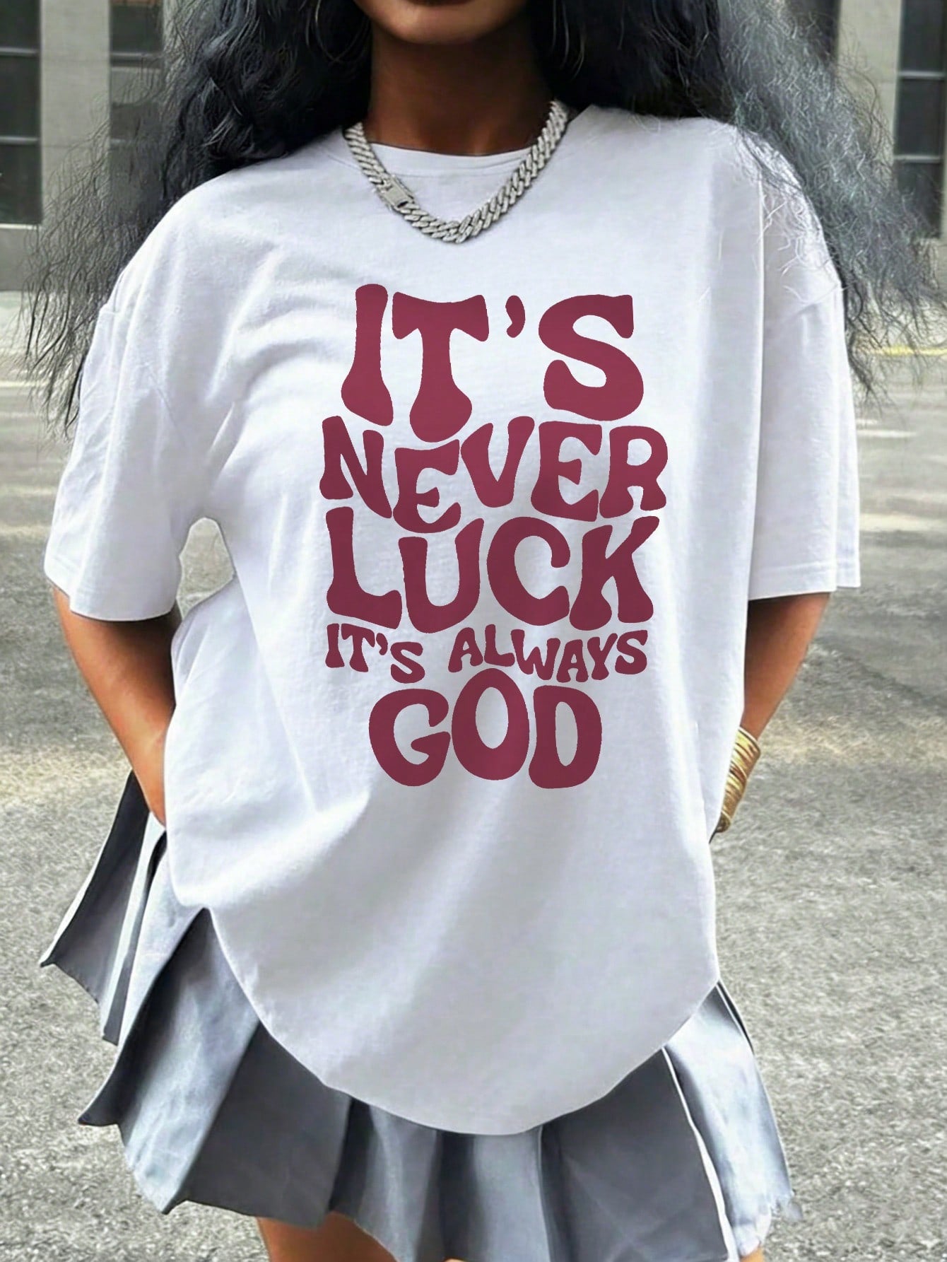 Women Oversized Christian Graphic T-Shirt, It's Never Luck It's Always God Inspirational Faith Crewneck Tee, Casual Summer Loose Fit Religious Short Sleeve Top S-5XL