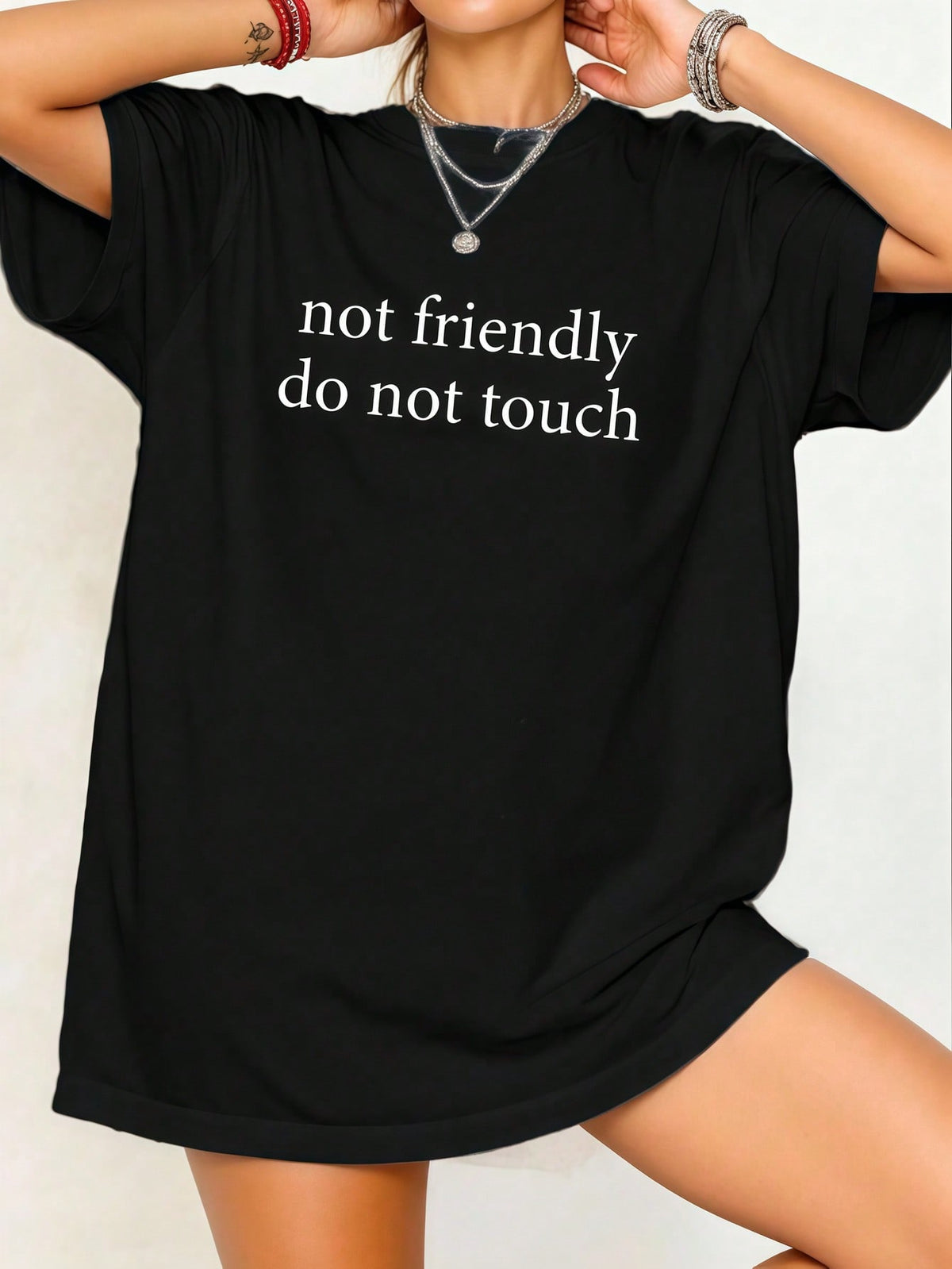 Women Clothes Not Friendly Do Not Touch Print Black TShirt, Casual Crew Neck Tshirt