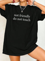 Women Clothes Not Friendly Do Not Touch Print Black TShirt, Casual Crew Neck Tshirt