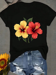Women Clothes Hibiscus Print Black TShirt, Unisex Casual Crew Neck Tshirt