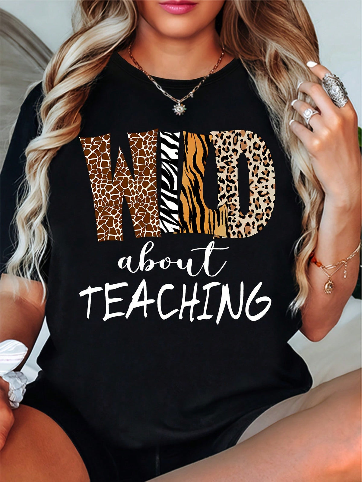 Women's Wild About Teaching Graphic T-Shirt, Leopard Print Teacher Crew Neck Short Sleeve Casual Tee, Back to School Teacher Appreciation Gift