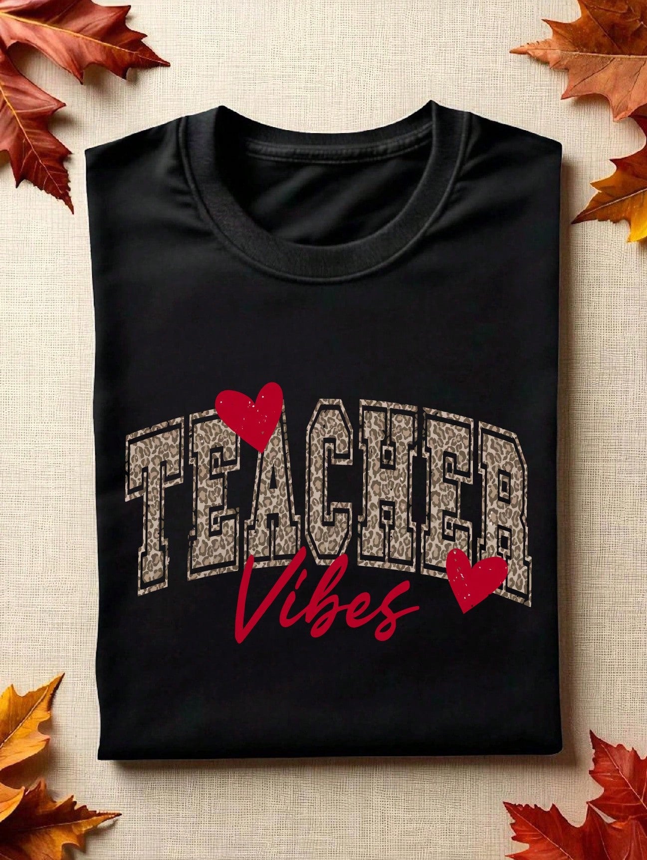 Teacher Vibes Leopard Print Graphic T‑Shirt for Women, Red Heart Casual Crewneck Short Sleeve Tee, Teacher Appreciation Gift Top