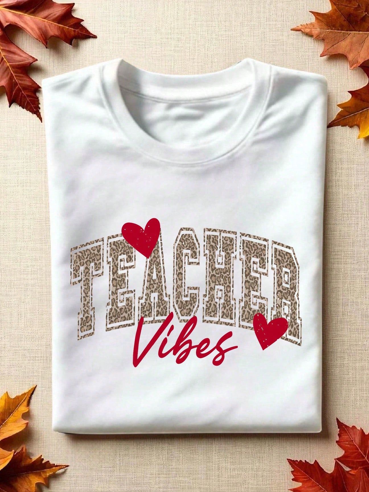 Teacher Vibes Leopard Print Graphic T‑Shirt for Women, Red Heart Casual Crewneck Short Sleeve Tee, Teacher Appreciation Gift Top