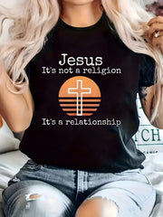Women's Christian Faith Graphic T-Shirt, Jesus It's Not a Religion It's a Relationship Print, Vintage Cross Crew Neck Short Sleeve Cotton Tee, Inspirational Casual Everyday Shirt