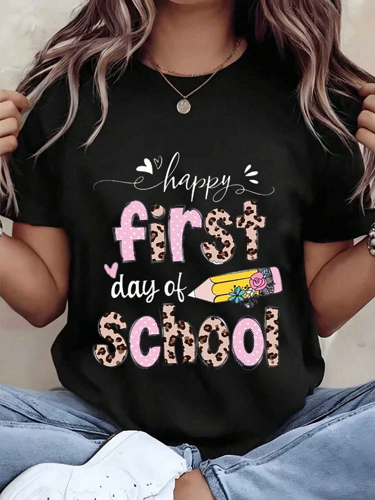 Women T Shirt Happy First Day Of School Leopard Print And Pencil Graphic Round Neck Casual Top For Back To School Season Gift