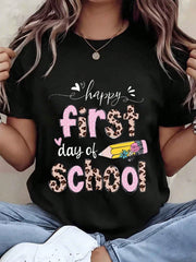 Women T Shirt Happy First Day Of School Leopard Print And Pencil Graphic Round Neck Casual Top For Back To School Season Gift