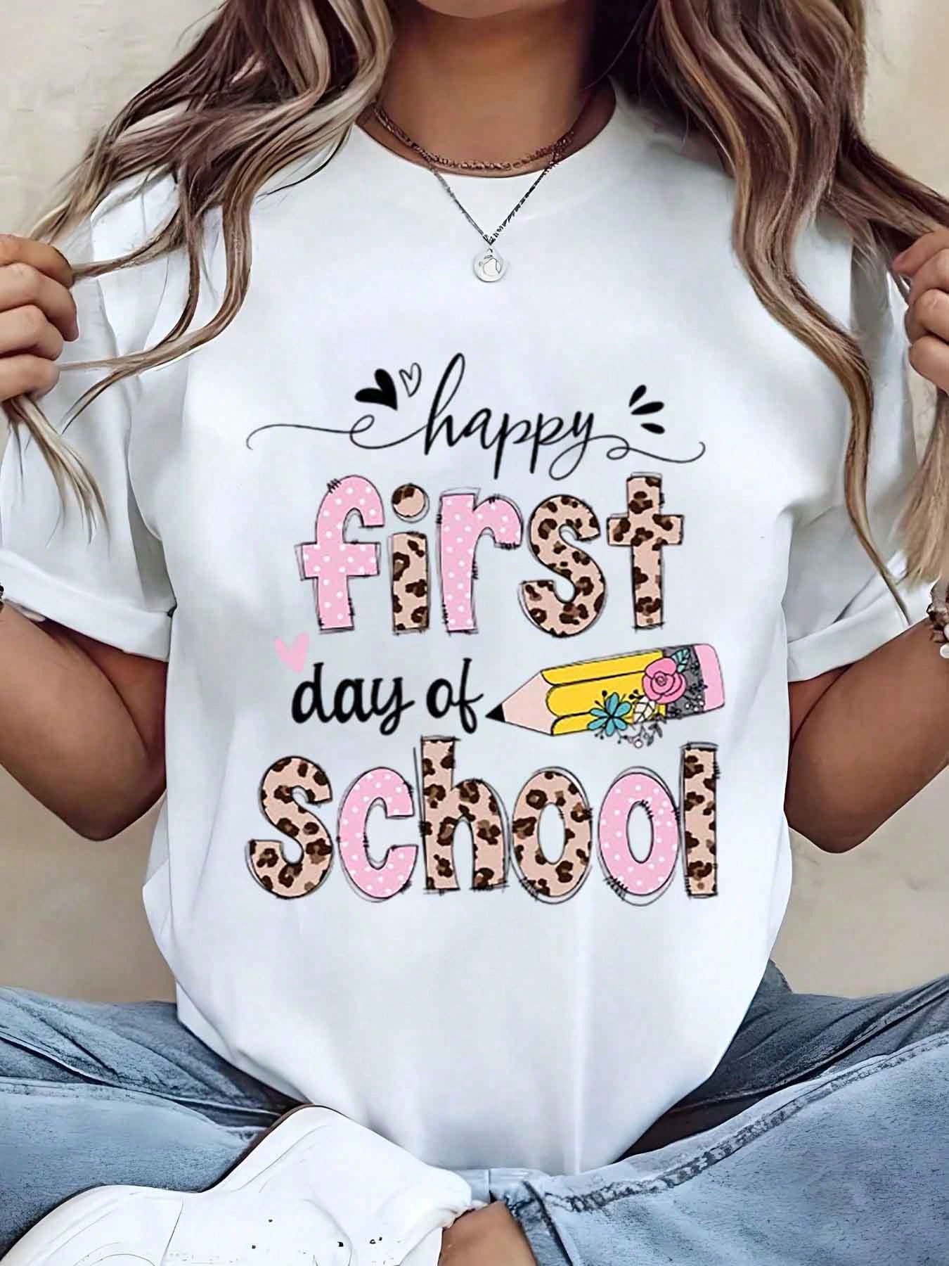 Women T Shirt Happy First Day Of School Leopard Print And Pencil Graphic Round Neck Casual Top For Back To School Season Gift
