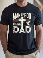Men's Christian Graphic T-Shirt, Man of God Husband Dad Cross Dove Print Crew Neck Short Sleeve Casual Cotton Tee, Faith-Based Religious Shirt