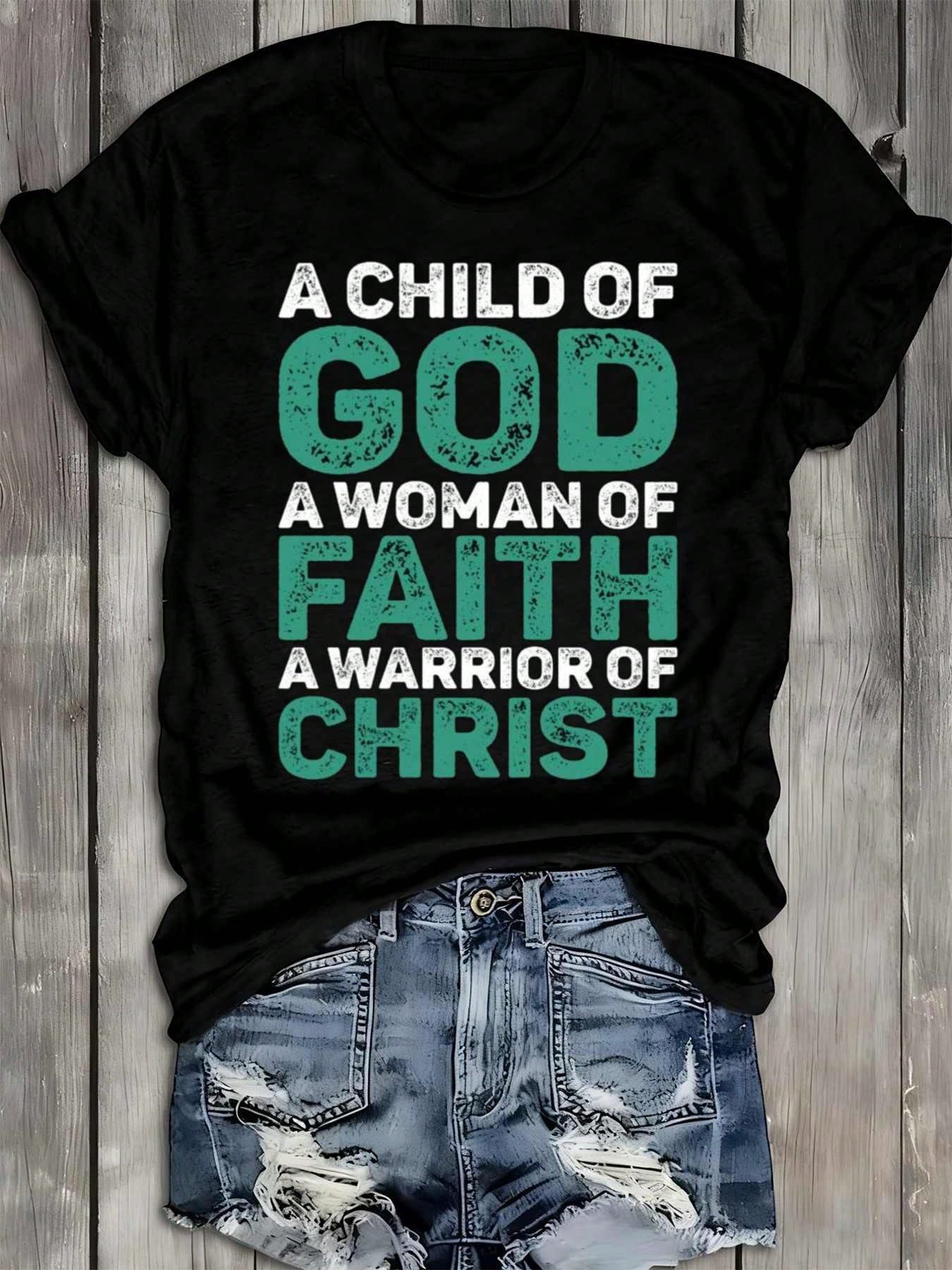 Women's Faith Warrior T-Shirt  100% Black Short Sleeve Round Neck Casual Tee With Spiritual Sayings & Hands Design - Comfortable For Church,