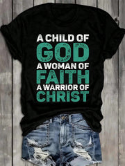 Women's Faith Warrior T-Shirt  100% Black Short Sleeve Round Neck Casual Tee With Spiritual Sayings & Hands Design - Comfortable For Church,