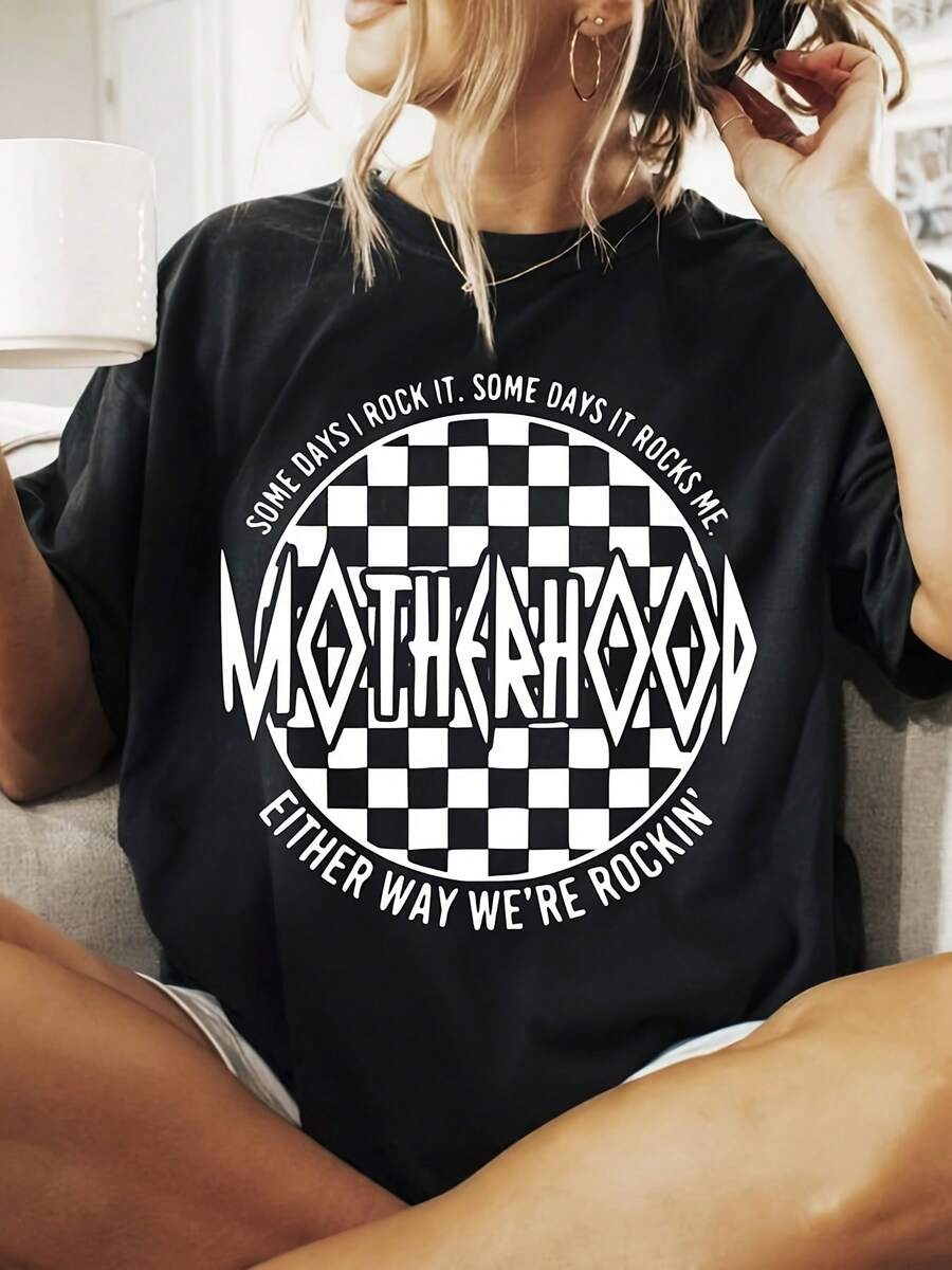 Women's Retro Oversized Motherhood Checkered Graphic T-Shirt Funny Slogan Casual Tee