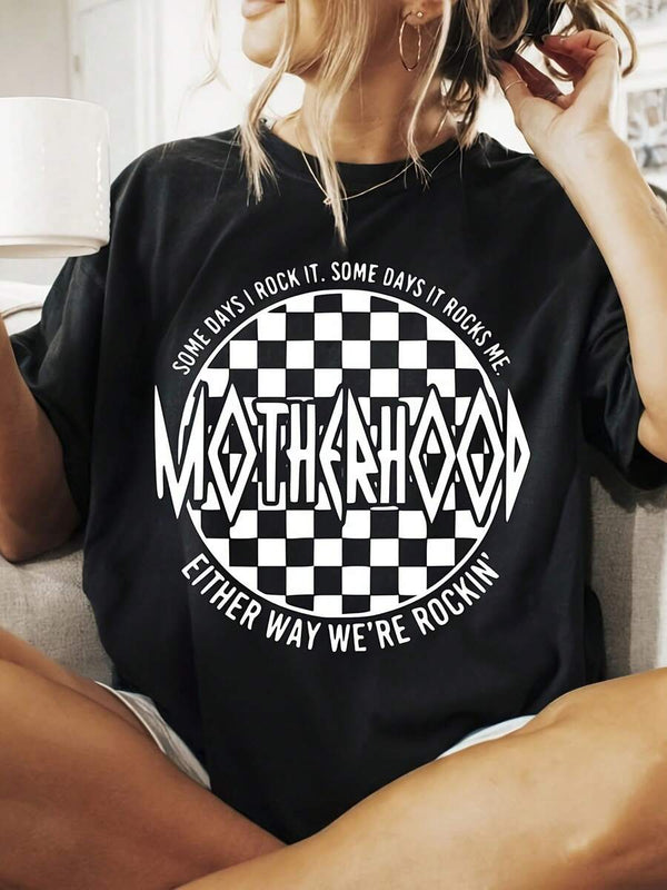 Women's Retro Oversized Motherhood Checkered Graphic T-Shirt Funny Slogan Casual Tee