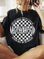 Women's Retro Oversized Motherhood Checkered Graphic T-Shirt Funny Slogan Casual Tee