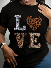 Ladies Leopard Print Love Pattern T-Shirt- Daily Casual Valentine's Day Wear-Machine Washable Round Neck Short