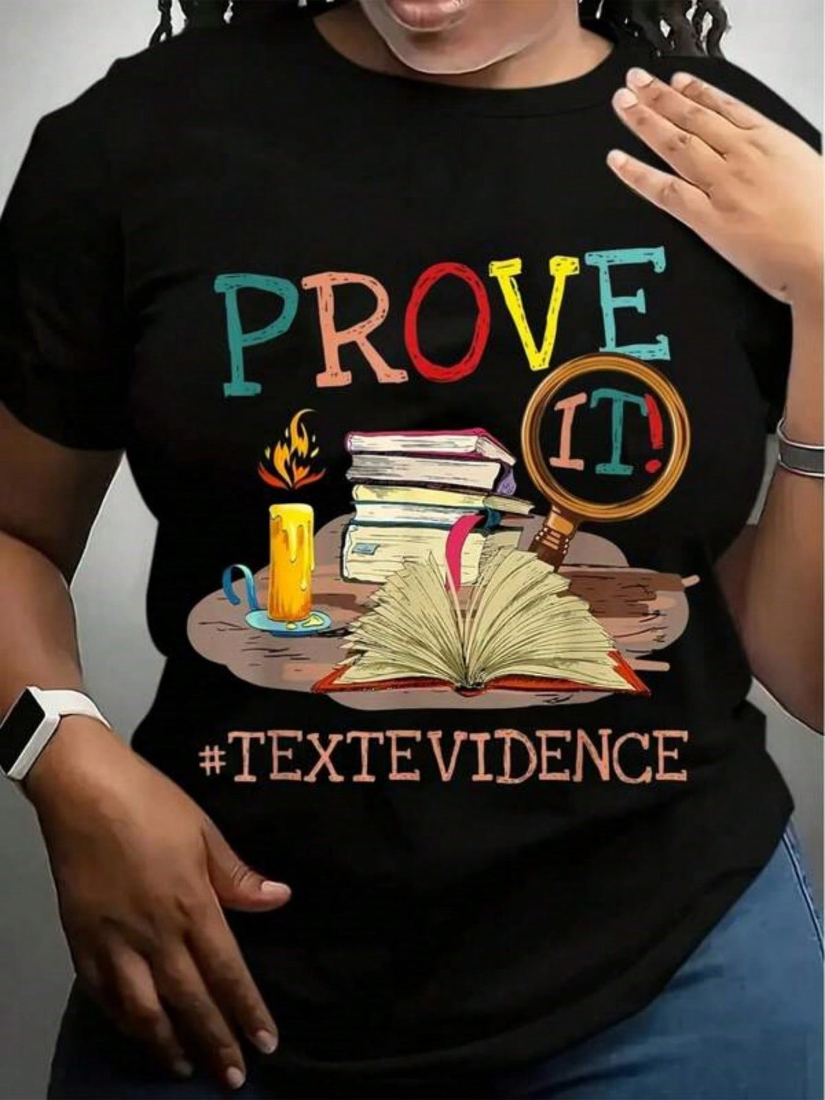 Women’s Prove It Text Evidence English Reading Teacher Graphic T-Shirt, Colorful Book Candle Magnifier Print Crew Neck Short Sleeve Tee, Soft Cotton Back To School Casual Educator Top