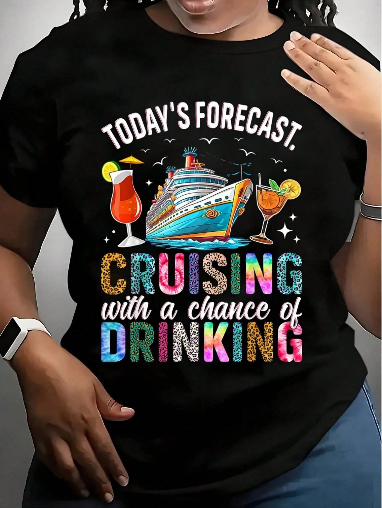 Today's Forecast Cruising With a Chance of Drinking T-Shirt, Women's Funny Cruise Vacation Graphic Tee, Cruise Ship Travel Shirt, Short Sleeve Crew Neck Top
