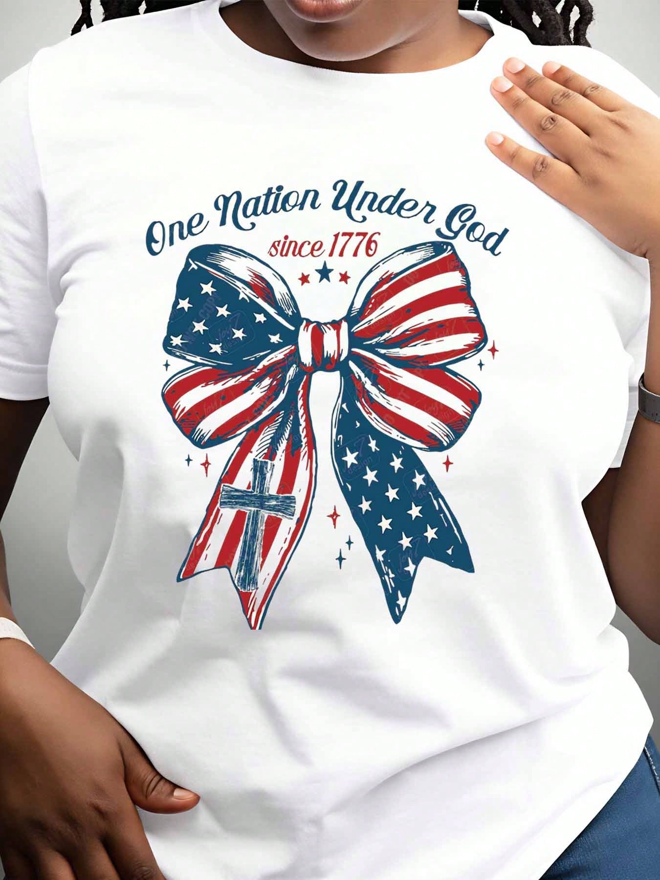 One Nation Under God Since 1776 American Flag Bow Cross Patriotic T-Shirt For Independence Day Fourth Of July Celebration Women Men Unisex Casual Wear
