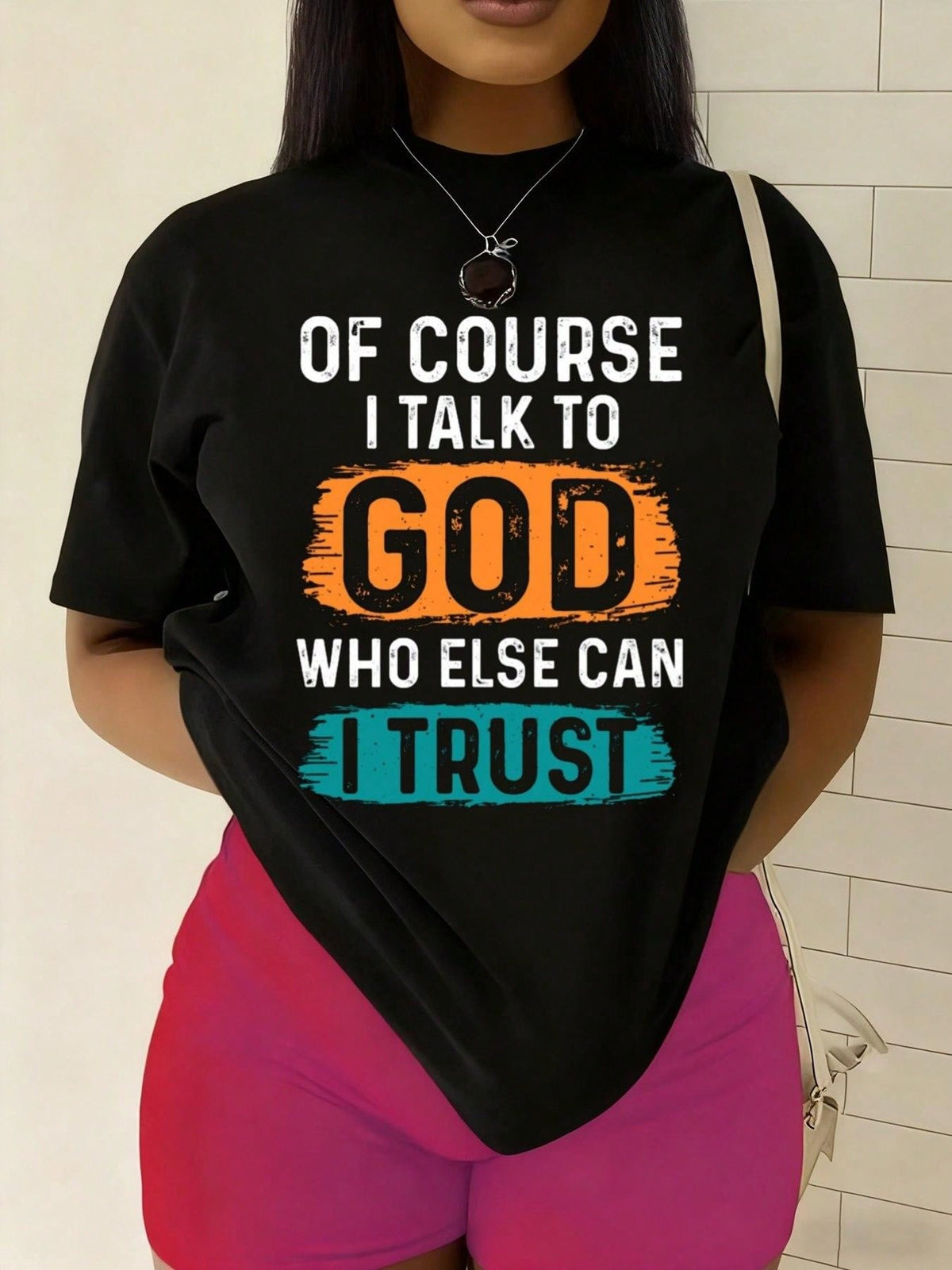 Women'S Faith-Based "Talk To God Who Else Can I Trust" Christian T-Shirt Short Sleeve Round Neck Casual Casual Attire With Inspirational Message & Prayer Hands Design