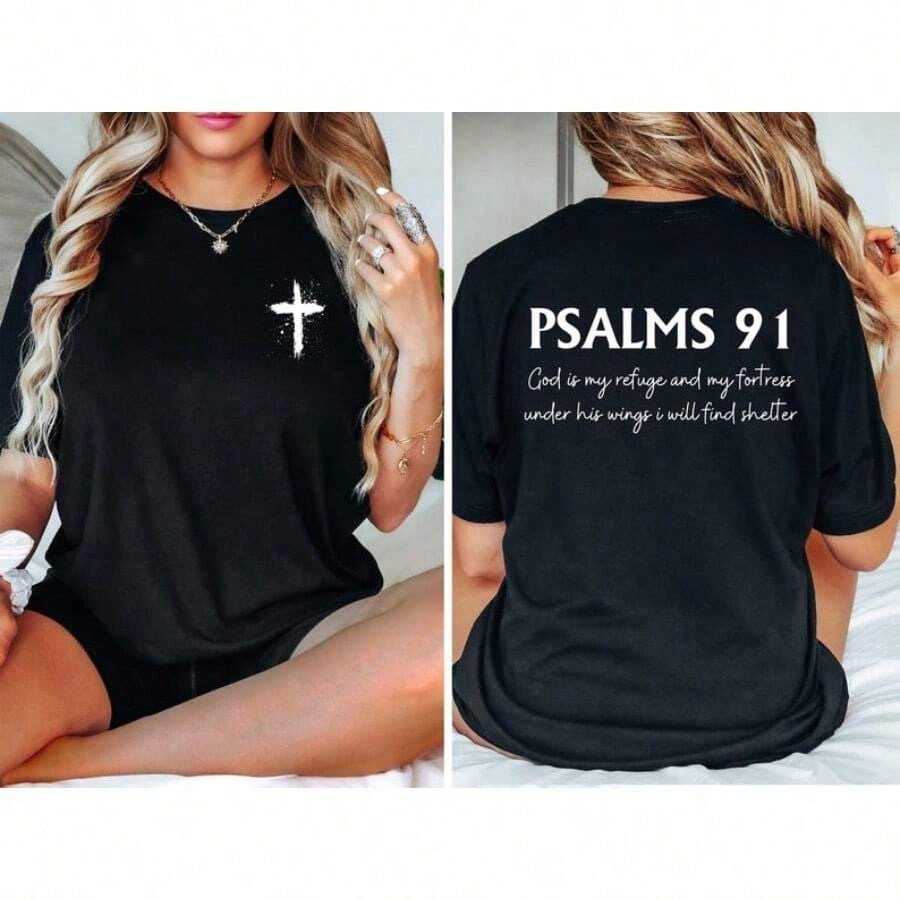 Psalm 91 Bible Verse Christian Cotton T-Shirt Women Soft Cool Letter Print Religious Jesus Summer Daily Casual Graphic Top For Her