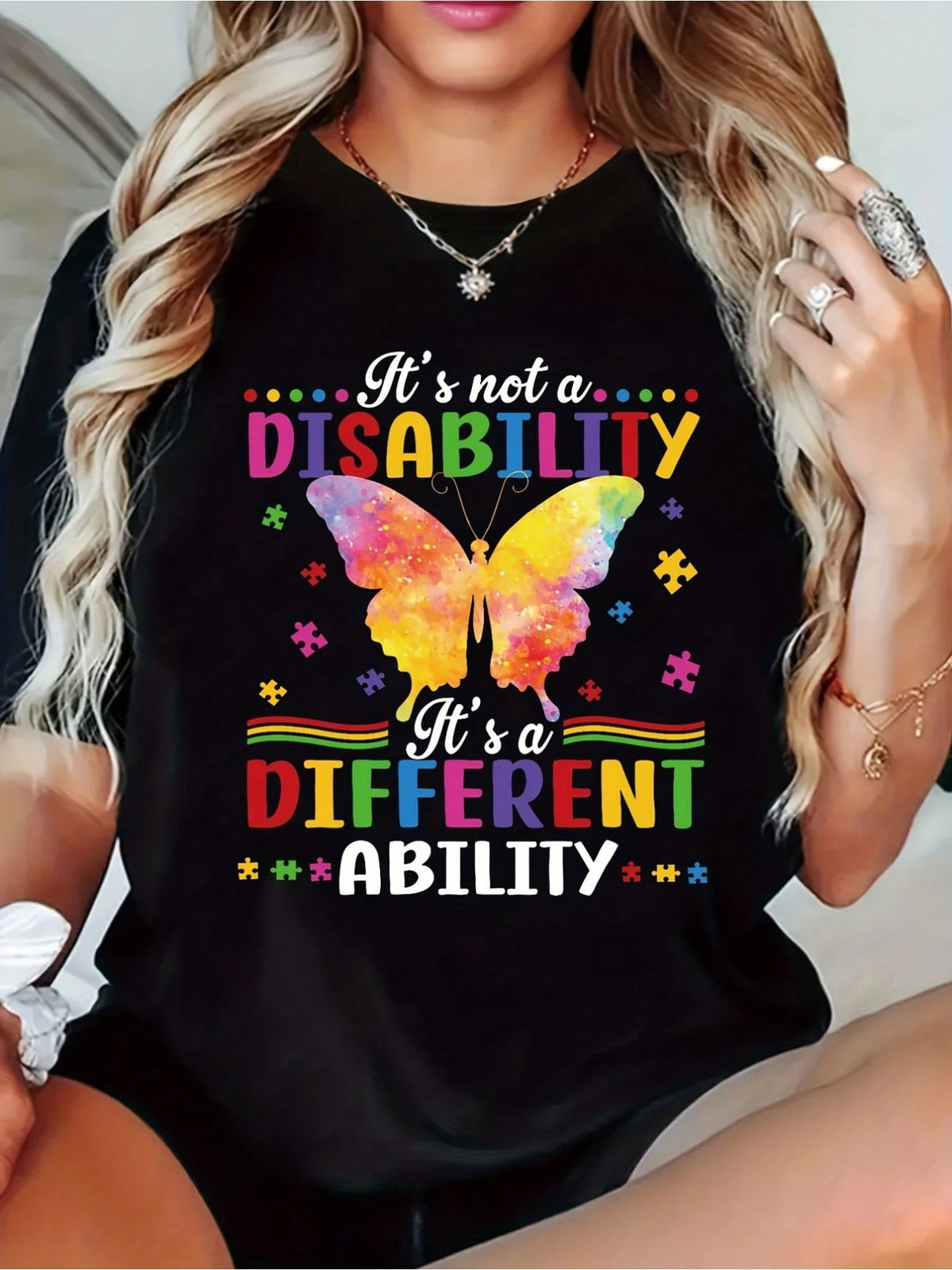 Women's Autism Awareness Butterfly Graphic T-Shirt, Colorful Puzzle Piece Inspirational Crew Neck Short Sleeve Casual Tee, Neurodiversity Support Shirt