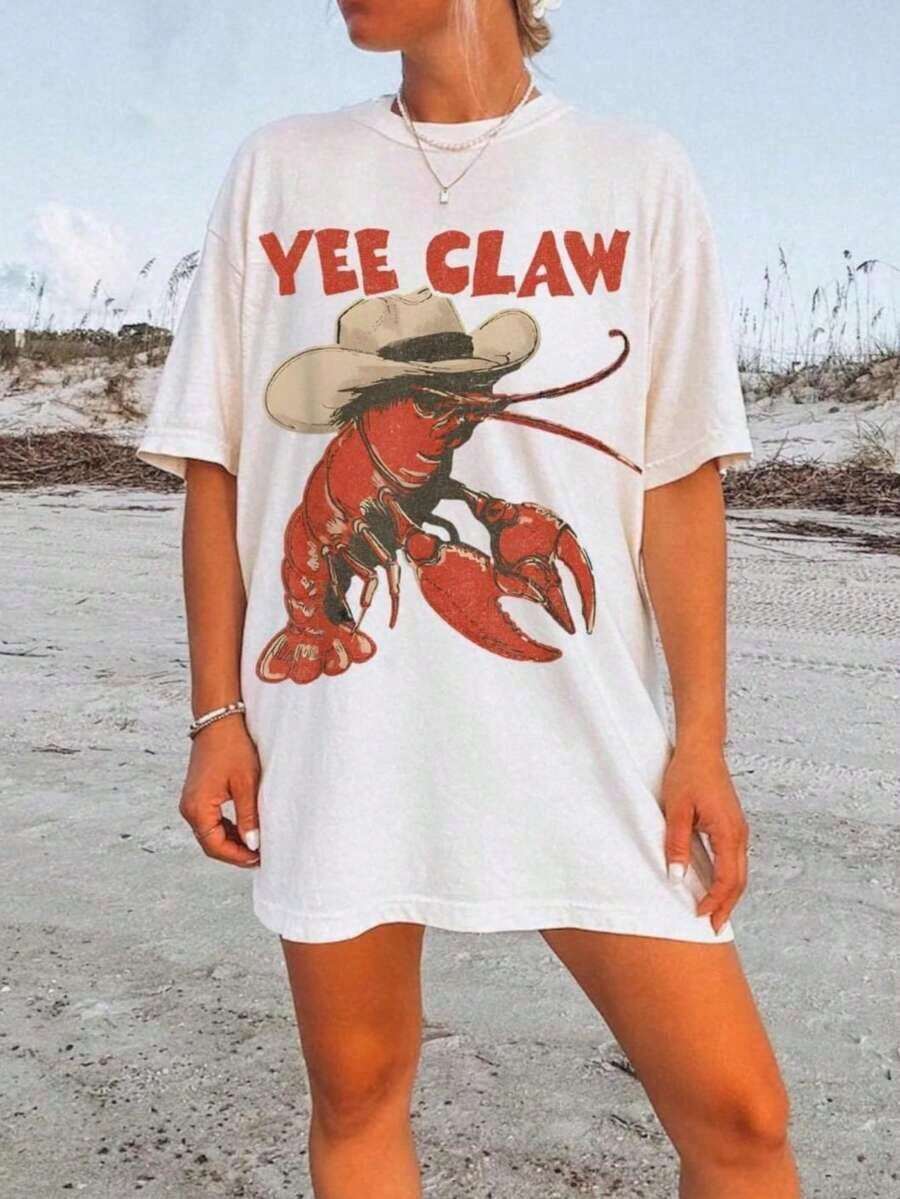 Men's Yee Claw Humorous Print T-Shirt, Oversized Casual Short Sleeve Top