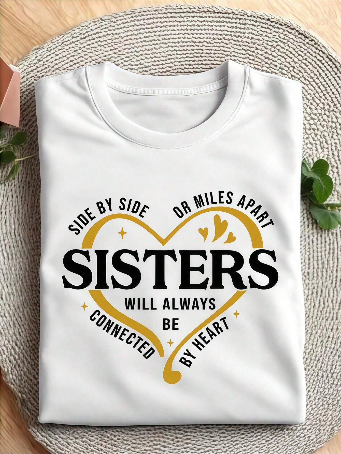 Women's Sisters Connected by Heart Graphic T-Shirt, Side by Side or Miles Apart Quote 100% Cotton Crew Neck Short Sleeve Tee, Thoughtful Gift for Sisters