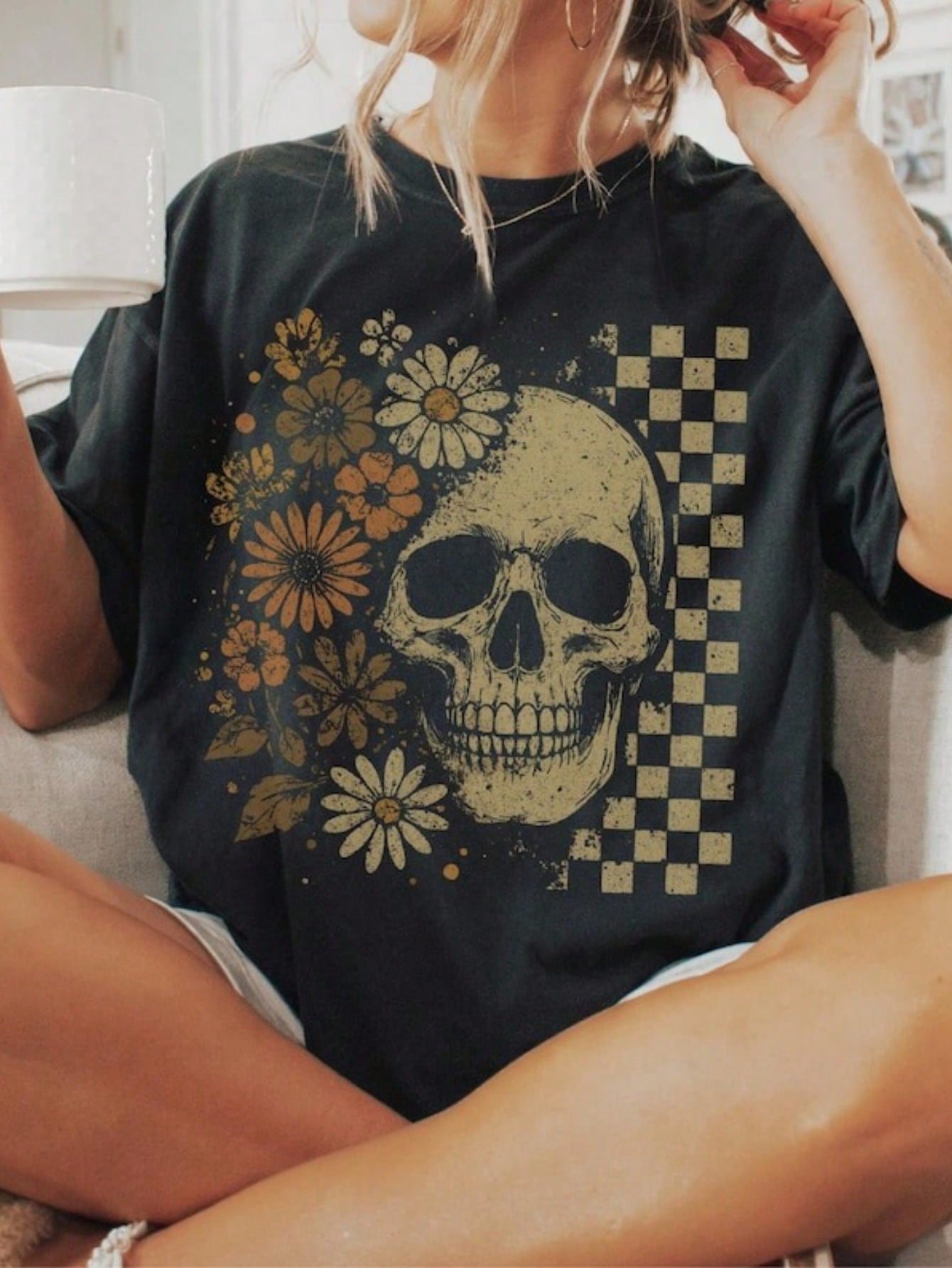 Boho Skull Graphic Tee, Vintage Grunge Tee, Retro Boho Summerween T Shirts, Cute Spooky Halloween T Shirts