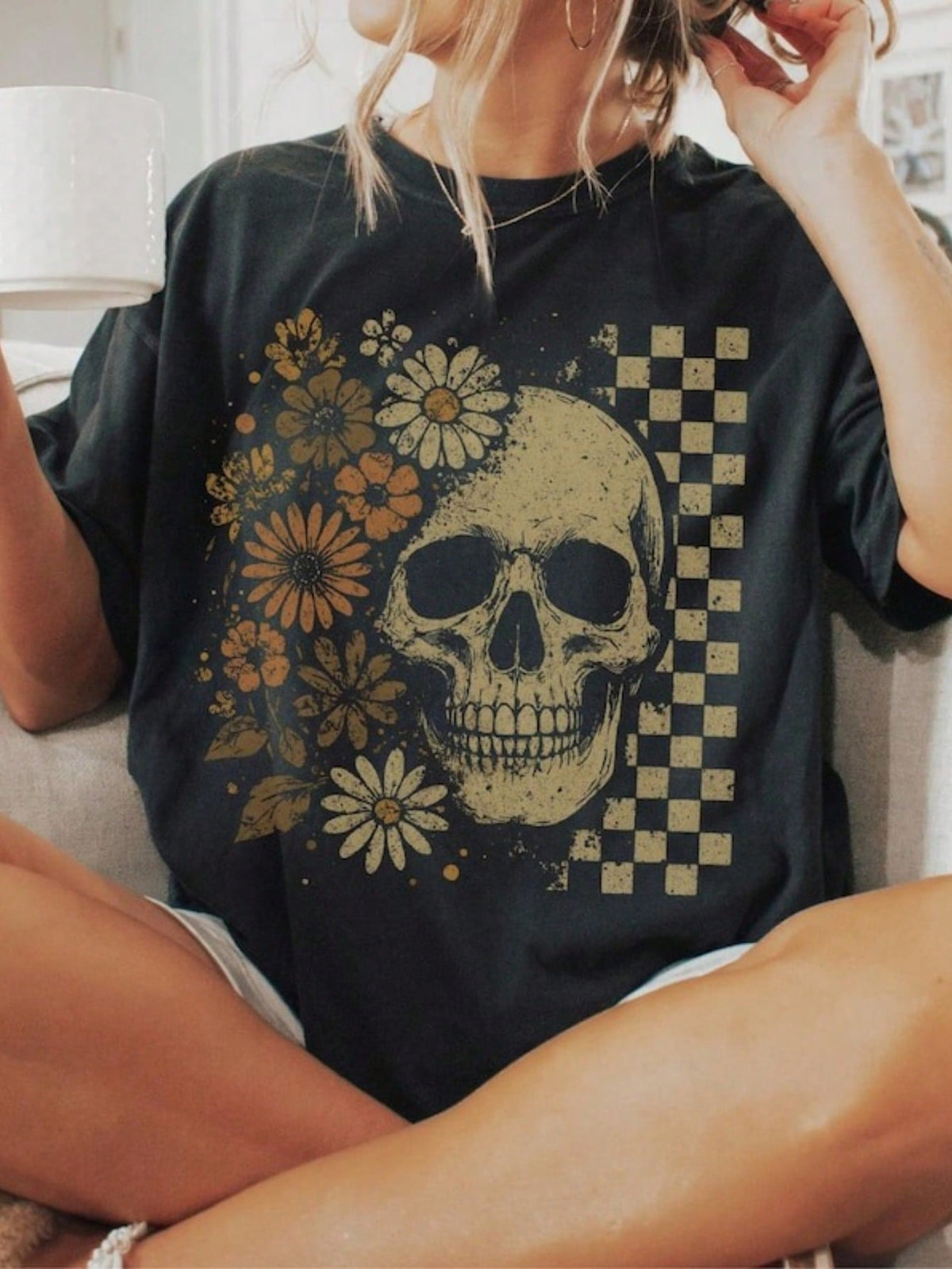 Boho Skull Graphic Tee, Vintage Grunge Tee, Retro Boho Summerween T Shirts, Cute Spooky Halloween T Shirts