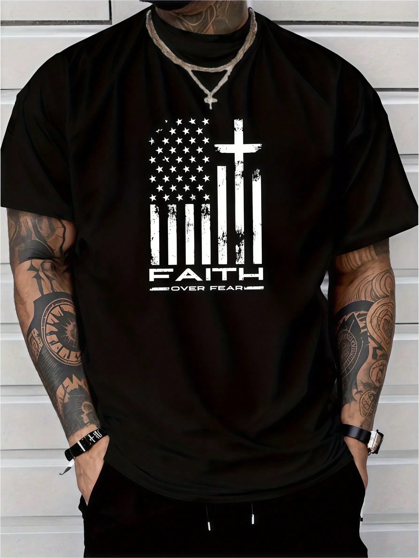 Men's Clothing Faith Flag Printed Black Tshirt, Graphic Tee, Summer Tops