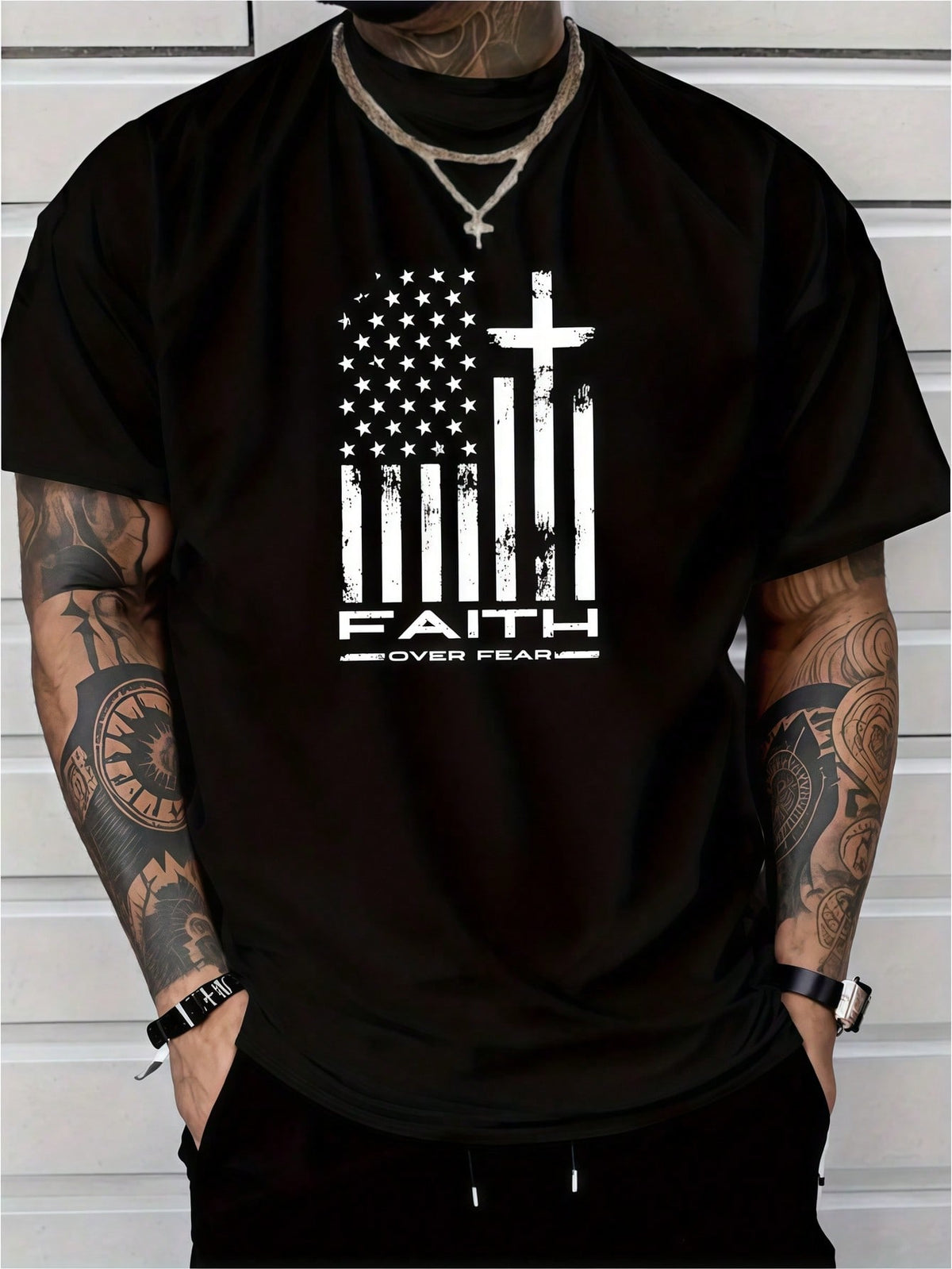 Men's Clothing Faith Flag Printed Black Tshirt, Graphic Tee, Summer Tops