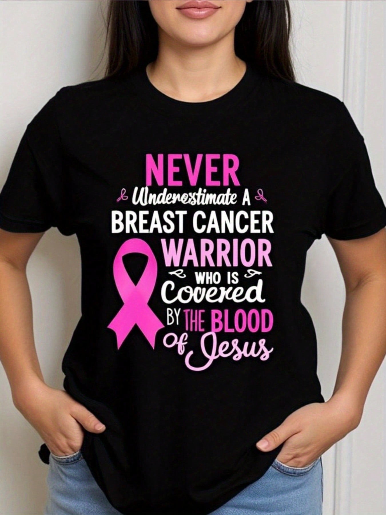 Breast Cancer Awareness T-Shirt| Faith Pink Ribbon & Verse Design ' Blood Cancer Fighter Tee, Casual Short Sleeve Top
