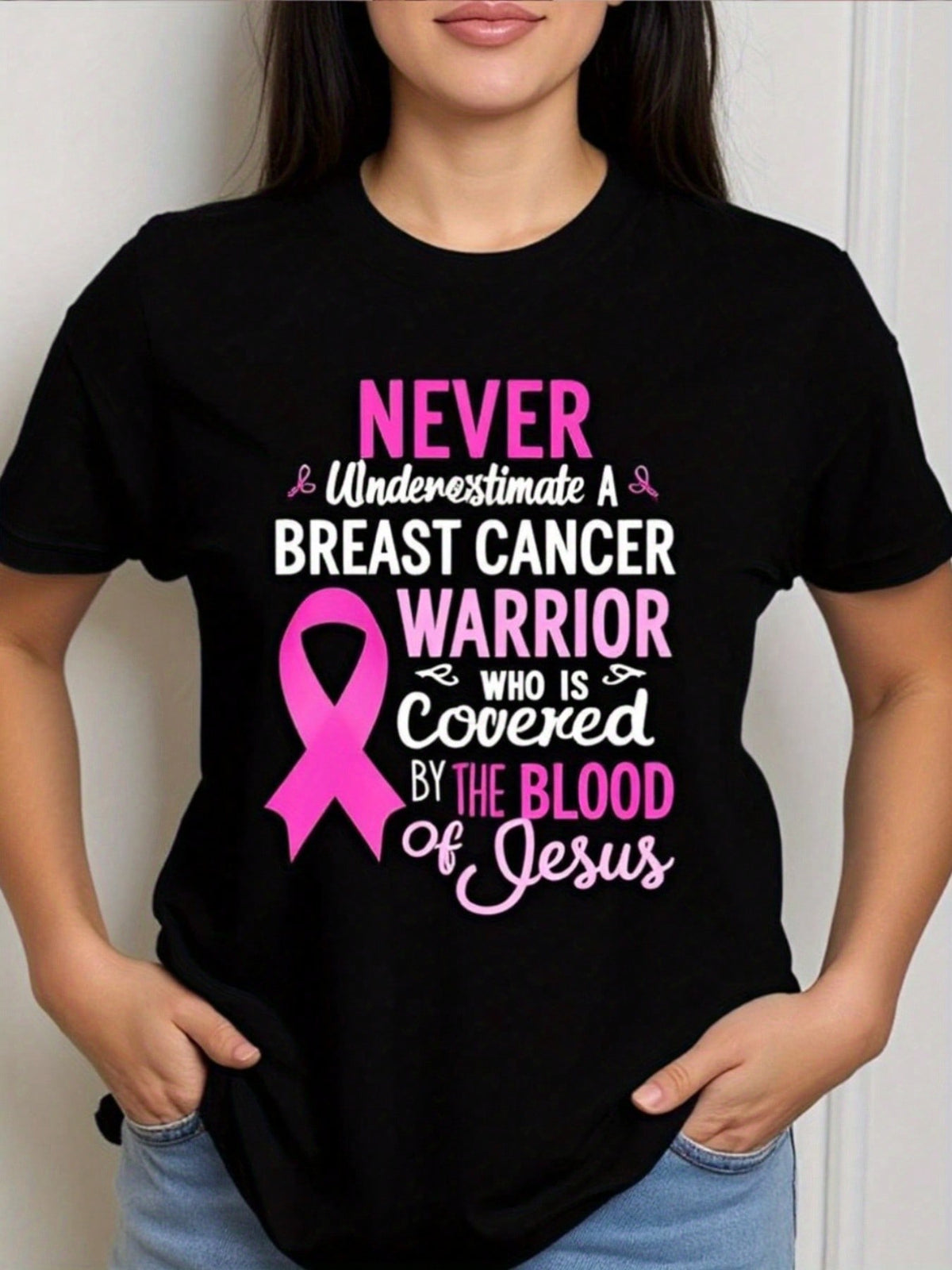 Breast Cancer Awareness T-Shirt| Faith Pink Ribbon & Verse Design ' Blood Cancer Fighter Tee, Casual Short Sleeve Top
