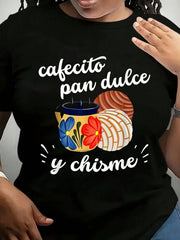 Women'S Mexican Hispanic Pride Cafecito Pan Dulce Y Chisme Graphic T-Shirt Black Short Sleeve Round Neck Casual Top With Vibrant Breakfast Design