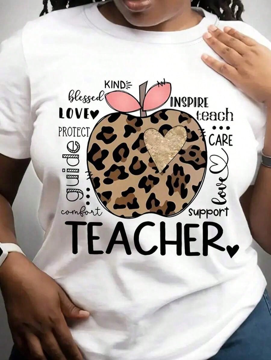 Women'S Teacher Appreciation T-Shirt, 100% COTTON Crew Neck, Short Sleeve, Alphabet & Apple Print, Casual Knit Fabric Top For All Seasons2026
