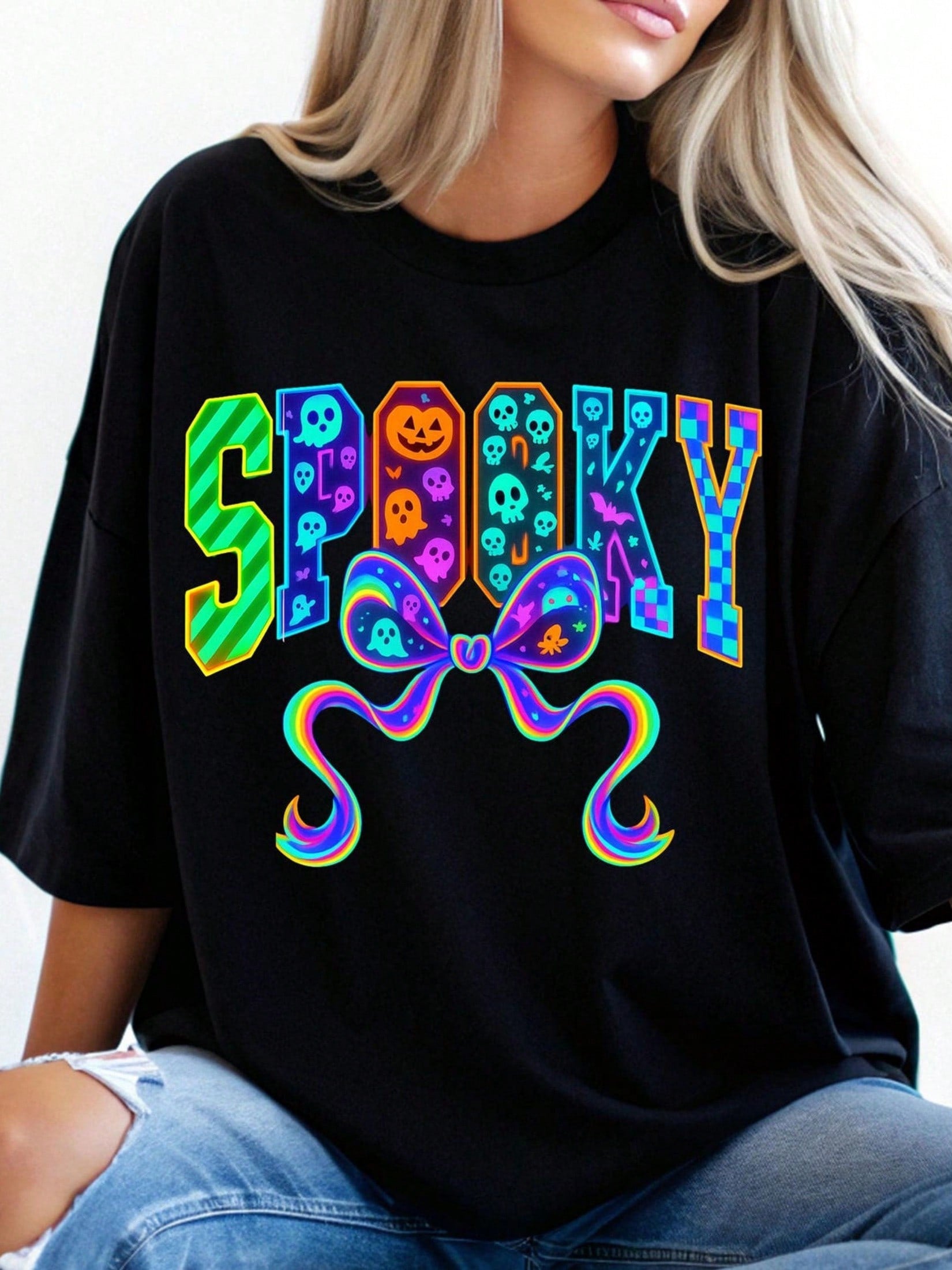 Women’s Neon Spooky Halloween Graphic T-Shirt, Multicolor Ghost Pumpkin Bat Rainbow Bow Print Crew Neck Short Sleeve Tee, Soft 100% Cotton Oversized Casual Fall Holiday Top,
