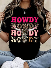 Women'S Western Howdy Cowgirl Leopard Print Bull Skull T-Shirt Casual Country Music Festival Tee, Cowboy Western Theme Party Outfit