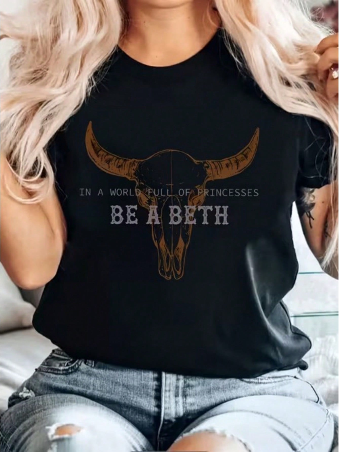 Women's Casual Printed Top "Be A Beth" With Bull And Skull Slogan Print-Perfect For Everyday Casual Wear And Vacations