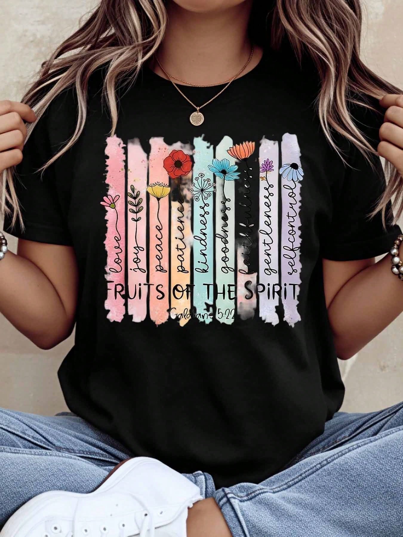Women T Shirt Fruits Of The Spirit Floral Design With Bible Verse Galatians 522