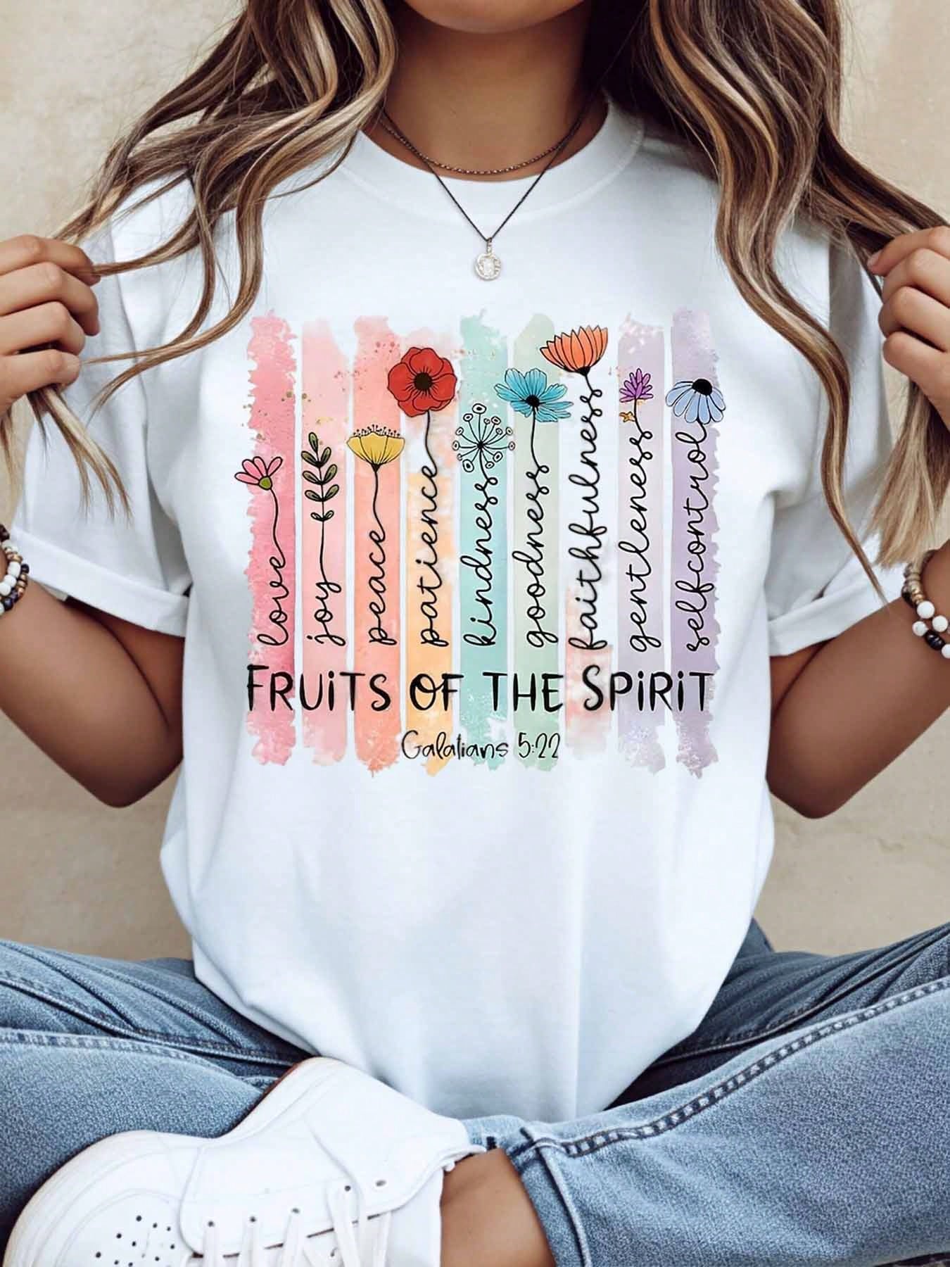 Women T Shirt Fruits Of The Spirit Floral Design With Bible Verse Galatians 522