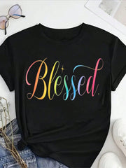 Women's 100% T-Shirt - Soft Round Neck Short Sleeve Top With "" Print, Casual Everyday Comfortable Blouse For Spring Summer Fall, Machine Washable Faith-Based Apparel