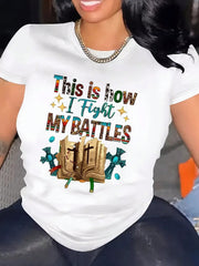 Women's Christian Faith Graphic T-Shirt, This Is How I Fight My Battles Bible Cross Print Crew Neck Short Sleeve Cotton Graphic Tee, Inspirational Religious Summer Top