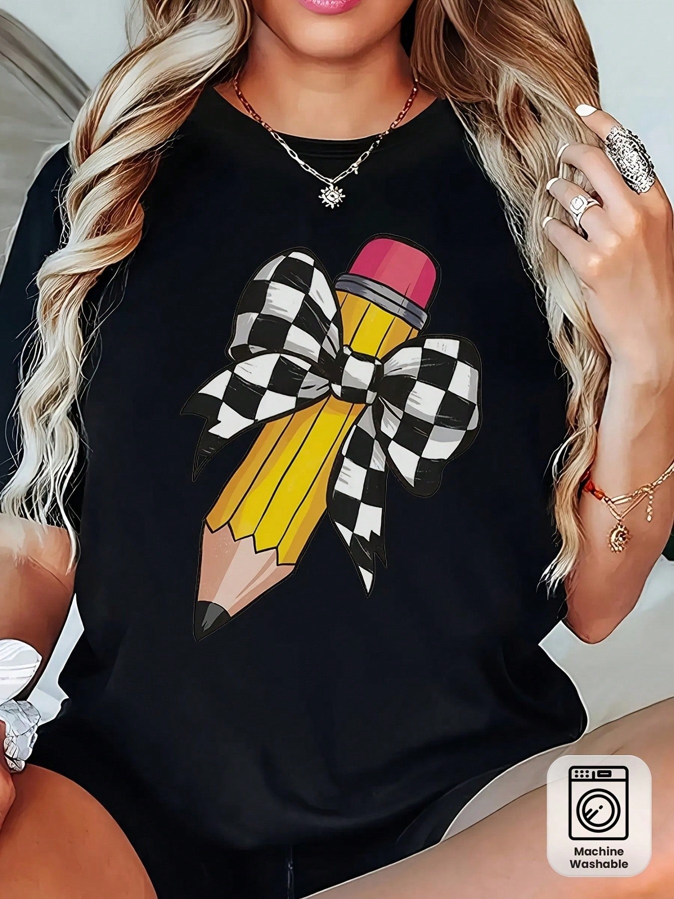Women's Teacher T-Shirt - Soft Breathable Black Crew Neck Top With Yellow Pencil Print & Checkered Bow Tie Design - Casual Short Sleeve Shirt For Teachers