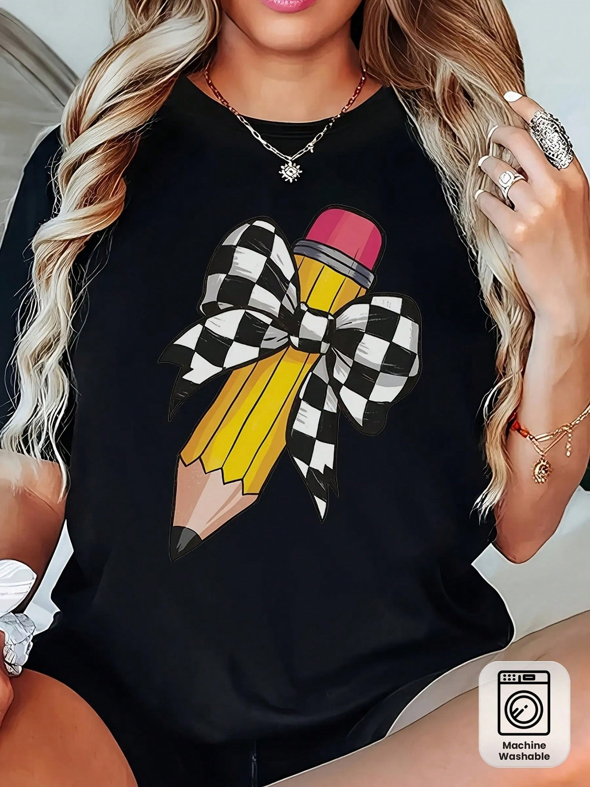 Women's Teacher T-Shirt - Soft Breathable Black Crew Neck Top With Yellow Pencil Print & Checkered Bow Tie Design - Casual Short Sleeve Shirt For Teachers